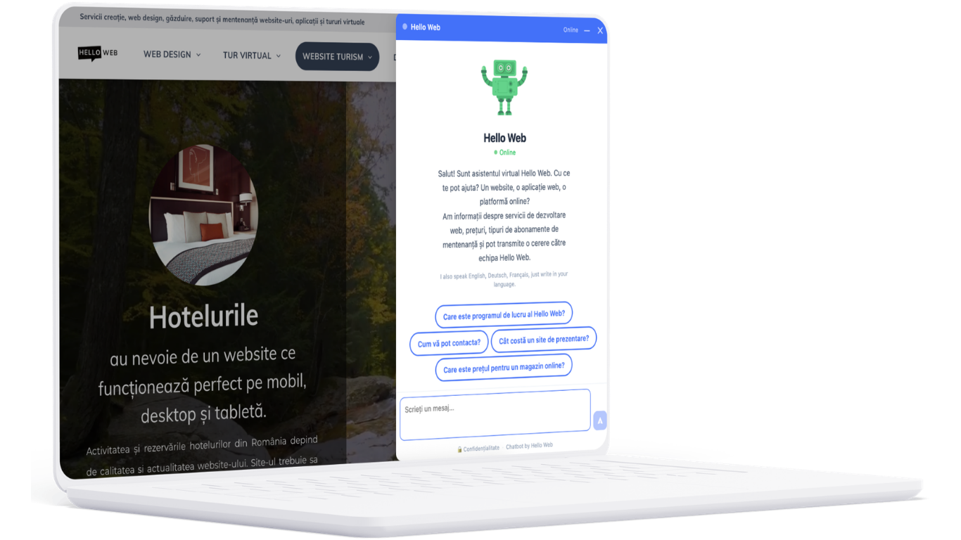 Laptop cu chatbot AI deschis pe un site web